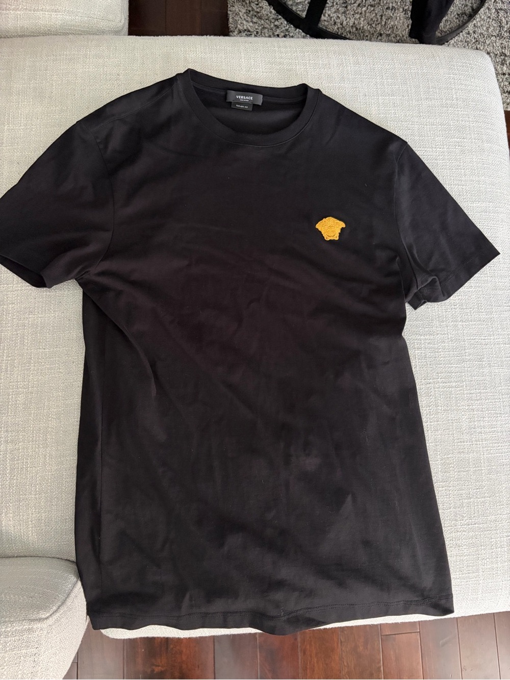 VERSACE Men’s Black T-Shirt with Gold Medusa Logo